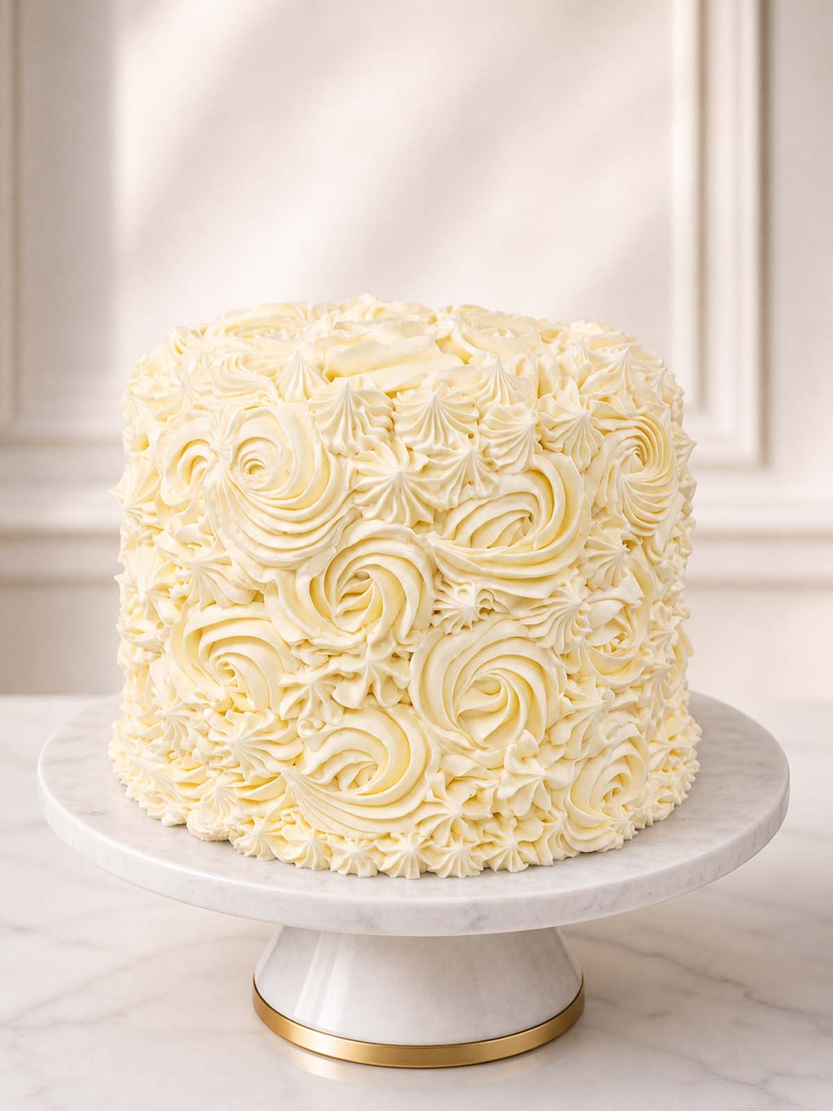 Elegant ivory birthday cake featuring smooth vanilla Swiss meringue buttercream and hand-piped swirls, concealing five secret buttermilk rainbow sponge layers inside. Delivered across London and Surrey.