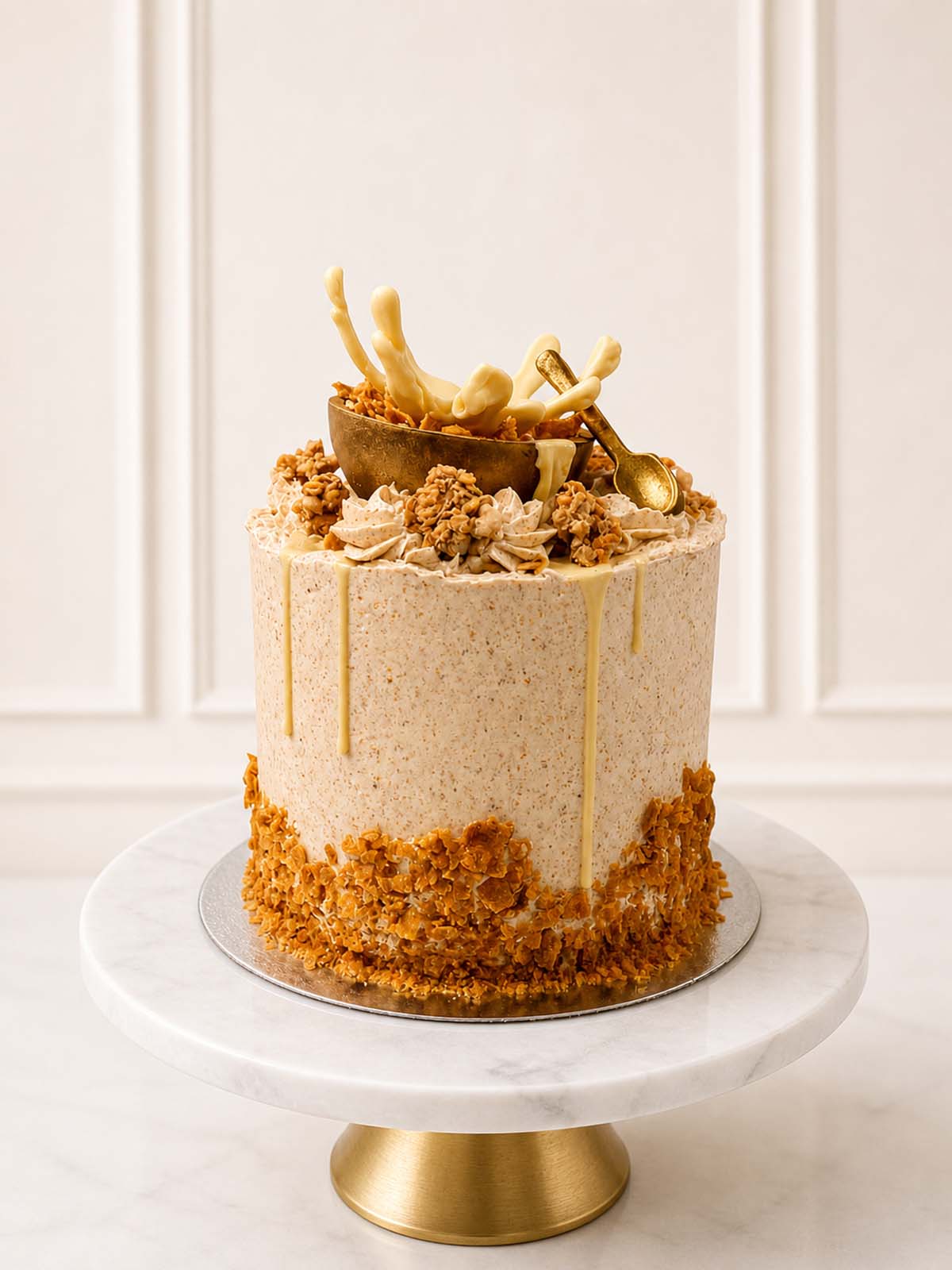 Whimsical breakfast-themed novelty cake featuring vanilla sponge infused with cereal buttercream, topped with an edible golden chocolate bowl, honey nut clusters, and a white chocolate drip milk splash. Delivered across Surrey.