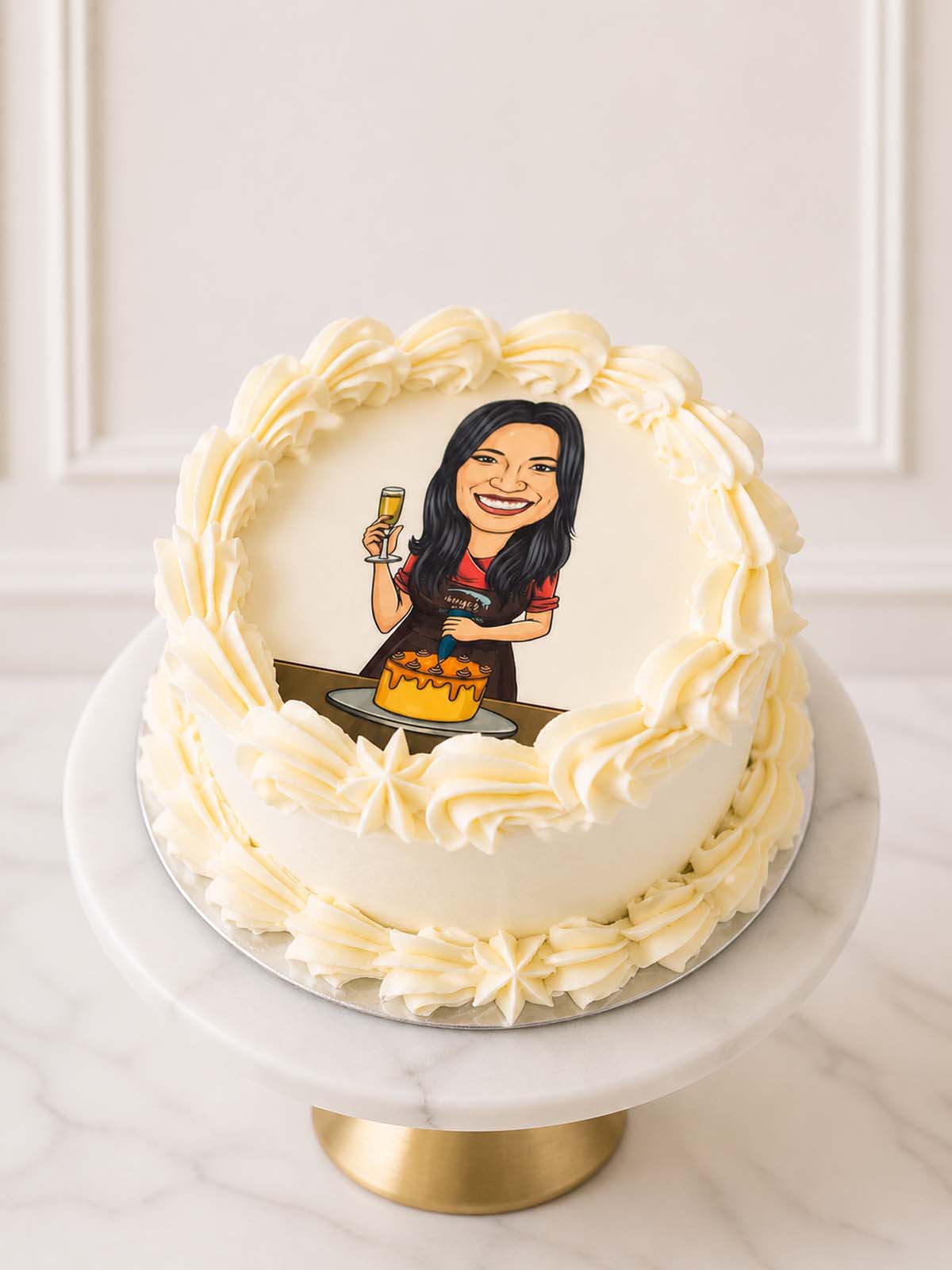 Custom novelty celebration cake with hand-drawn caricature portrait printed on edible icing for Surrey delivery