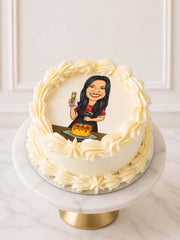 Custom novelty celebration cake with hand-drawn caricature portrait printed on edible icing for Surrey delivery