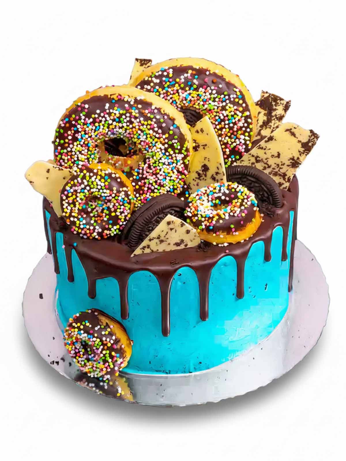 Doughnut Cookie Monster birthday cake showing blue buttercream texture and doughnut decoration, delivered in London