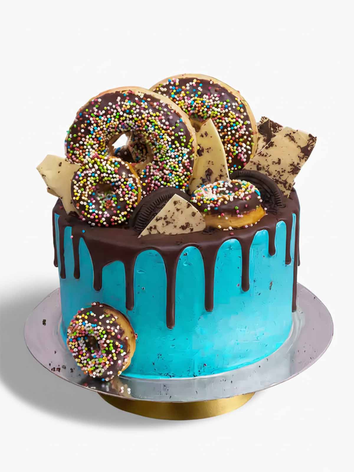 Doughnut Cookie Monster birthday cake with blue buttercream and doughnut decoration, delivered in London
