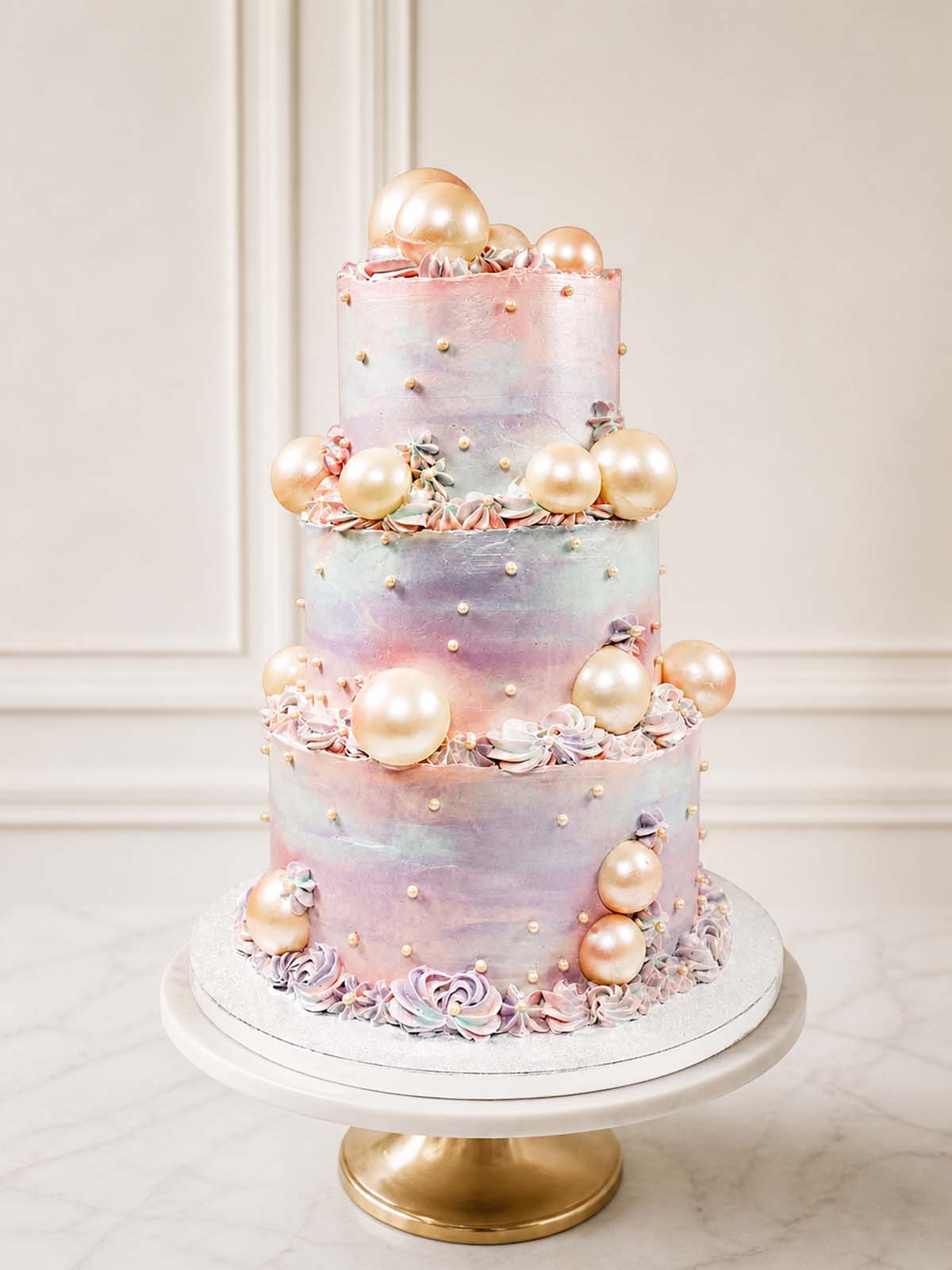 A dreamy, romantic wedding cake featuring soft pastel blue, pink, and purple ombre Swiss meringue buttercream, decorated with lustred chocolate spheres, intricate piping, and a customisable chocolate message. Delivered in London.
