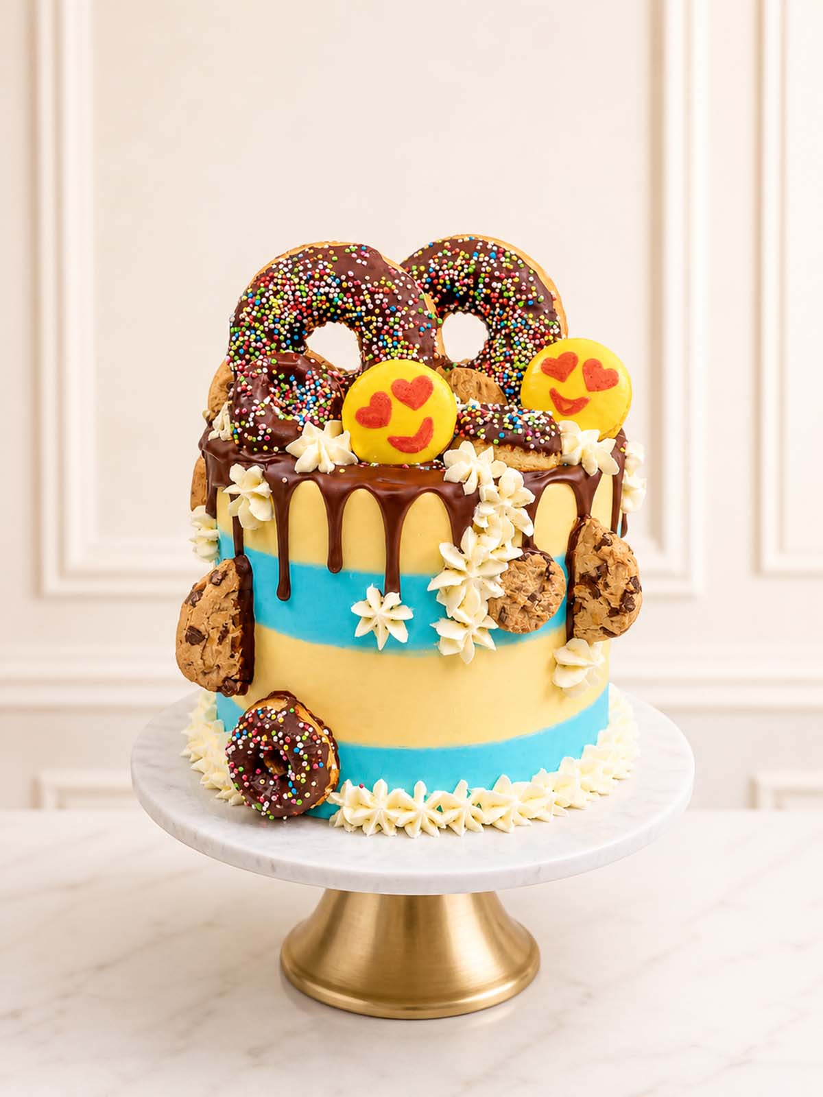 Emoji party cake with doughnuts, cookies, and emoji macarons, London delivery.