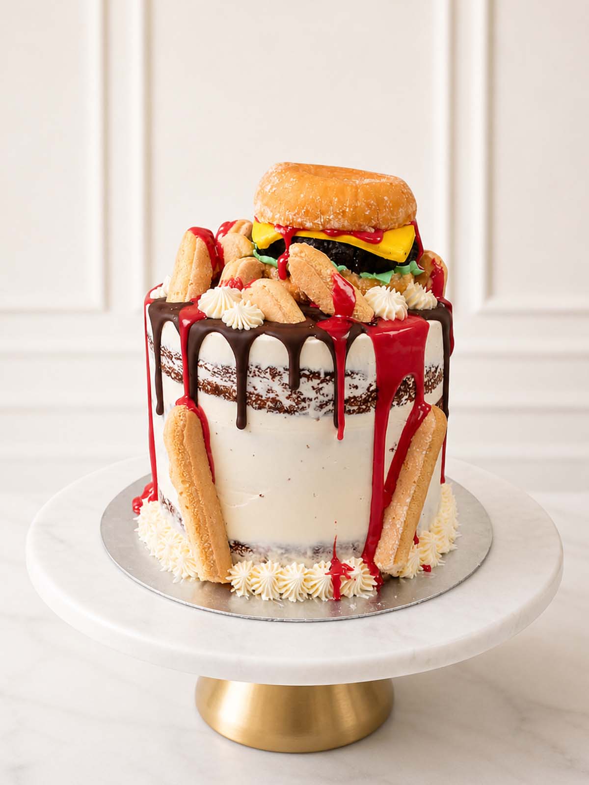 Quirky fast-food illusion cake featuring a red velvet sponge base, Belgian chocolate ganache drip, and an edible doughnut burger with a brownie patty, fondant cheese, and biscuit chips. Delivered across Surrey.