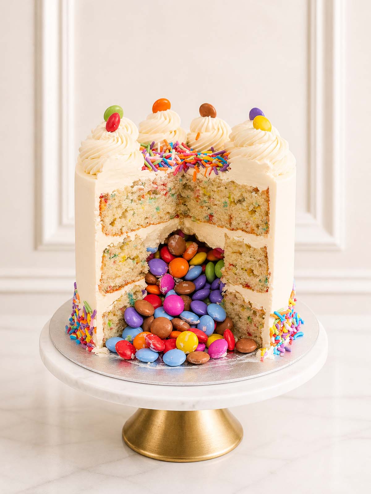 A vibrant vanilla funfetti piñata cake featuring rainbow-sprinkled sponges and a hidden centre of Smarties, finished with vanilla Swiss meringue buttercream and delivered in London.