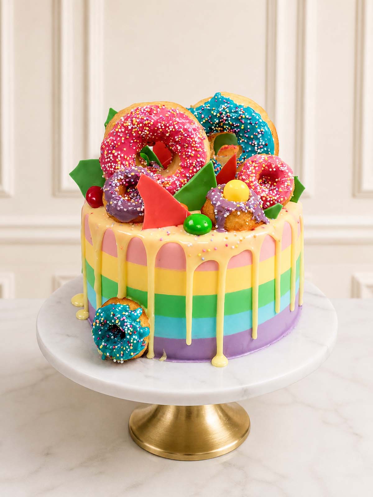Gaga-inspired rainbow vanilla cake with doughnuts and sprinkles, London and Surrey.
