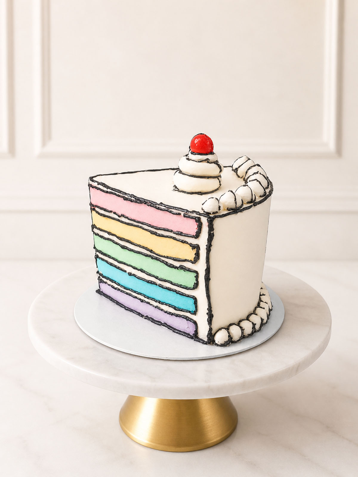 Instagram-worthy giant rainbow cake slice, designed as a 2D comic book illustration. Features five vibrant layers of vanilla sponge and fondant-free graphic buttercream outlines with a piped cherry on top. Delivered across Surrey.