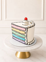 Instagram-worthy giant rainbow cake slice, designed as a 2D comic book illustration. Features five vibrant layers of vanilla sponge and fondant-free graphic buttercream outlines with a piped cherry on top. Delivered across Surrey.