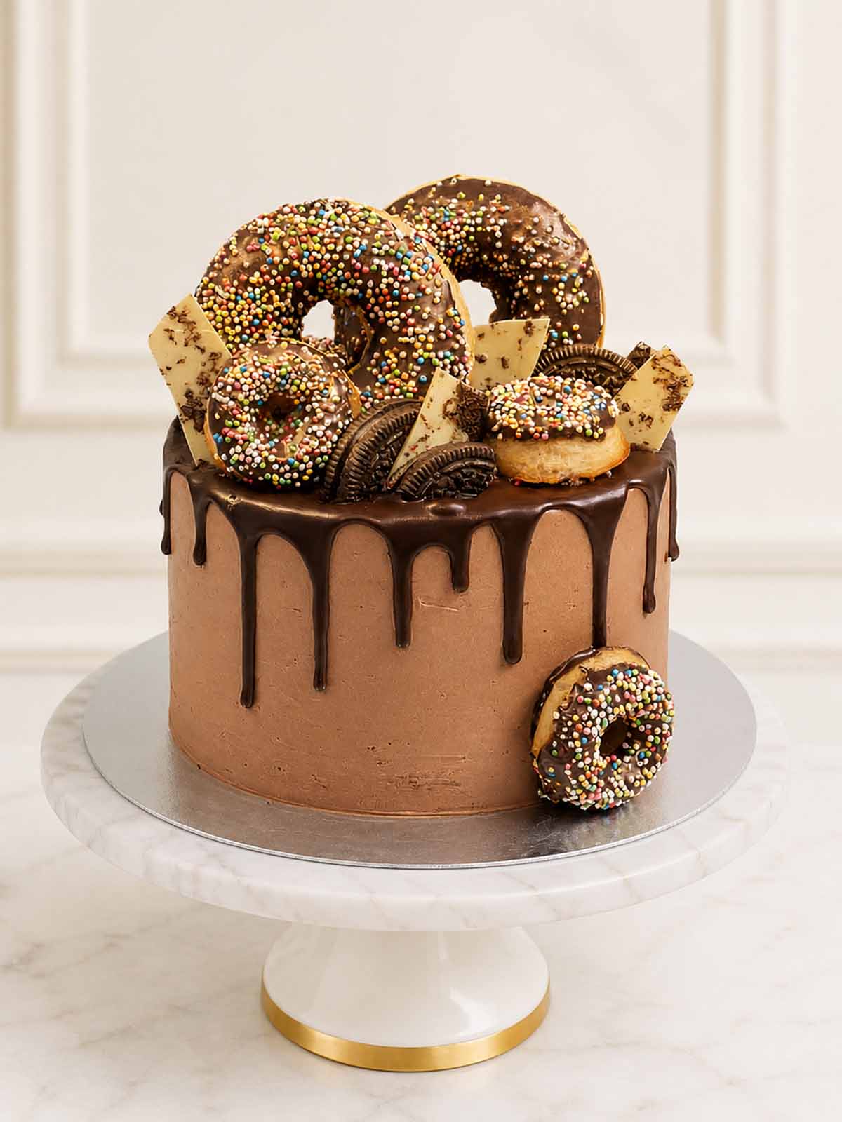 A decadent chocolate and doughnut celebration cake featuring chocolate-glazed buttermilk doughnuts, golden Oreos, and white chocolate shards dusted with gold lustre, delivered in London.