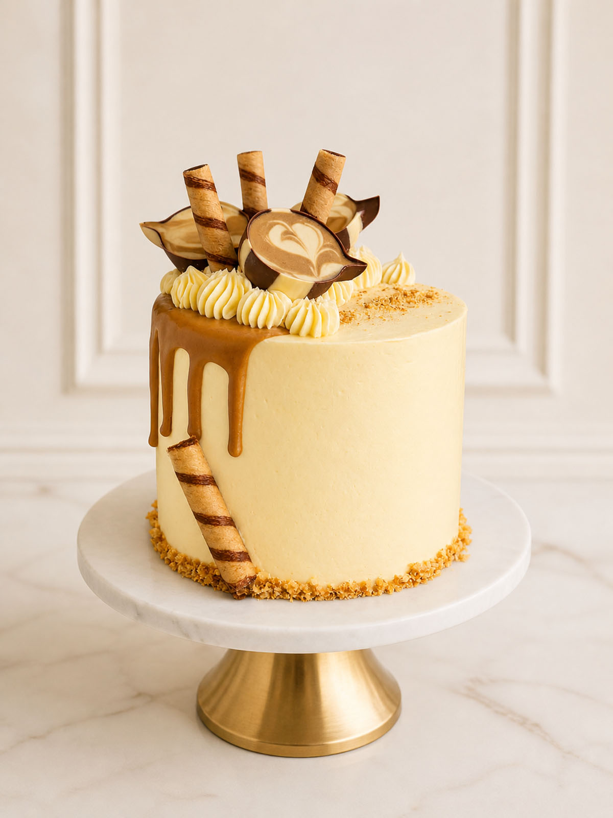 A sophisticated coffee celebration cake featuring espresso-soaked sponge, vanilla Swiss meringue buttercream, and a coffee ganache drip. Decorated with latte-art chocolate cups, coffee curls, and crushed walnuts. Delivered in London and Surrey.