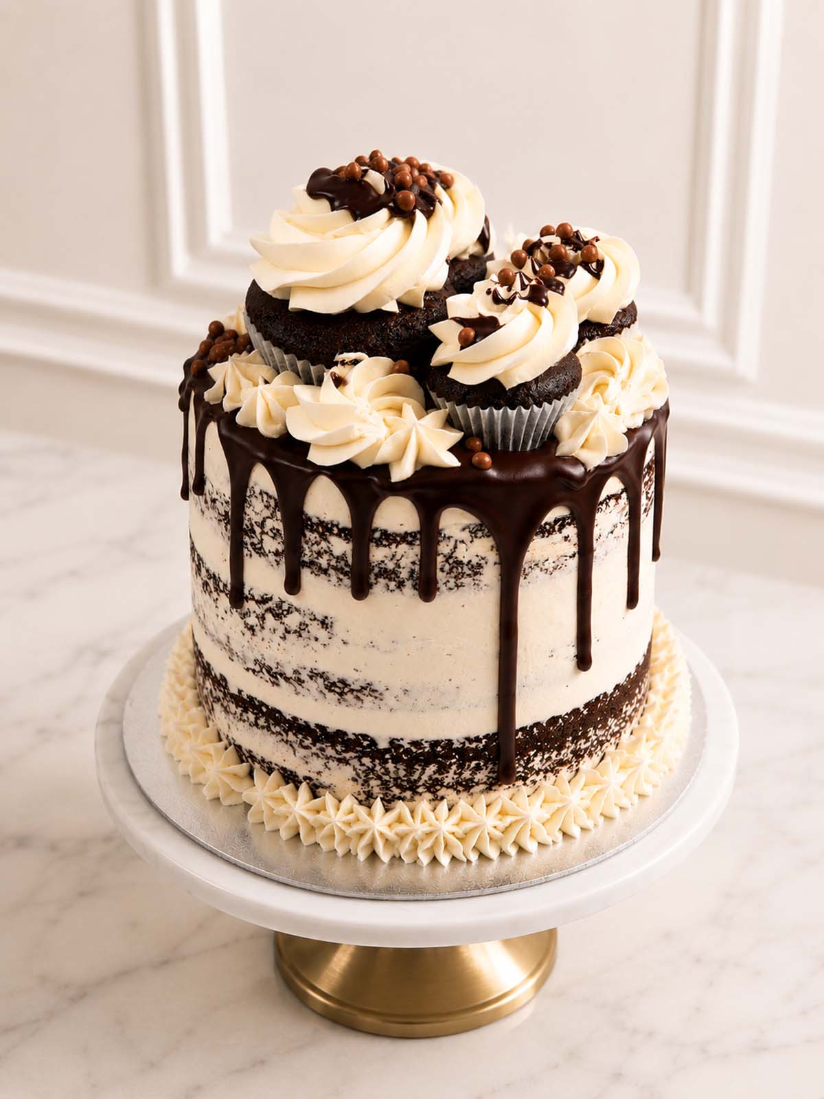 Chocolate Guinness cake with Swiss meringue buttercream and ganache drip on marble