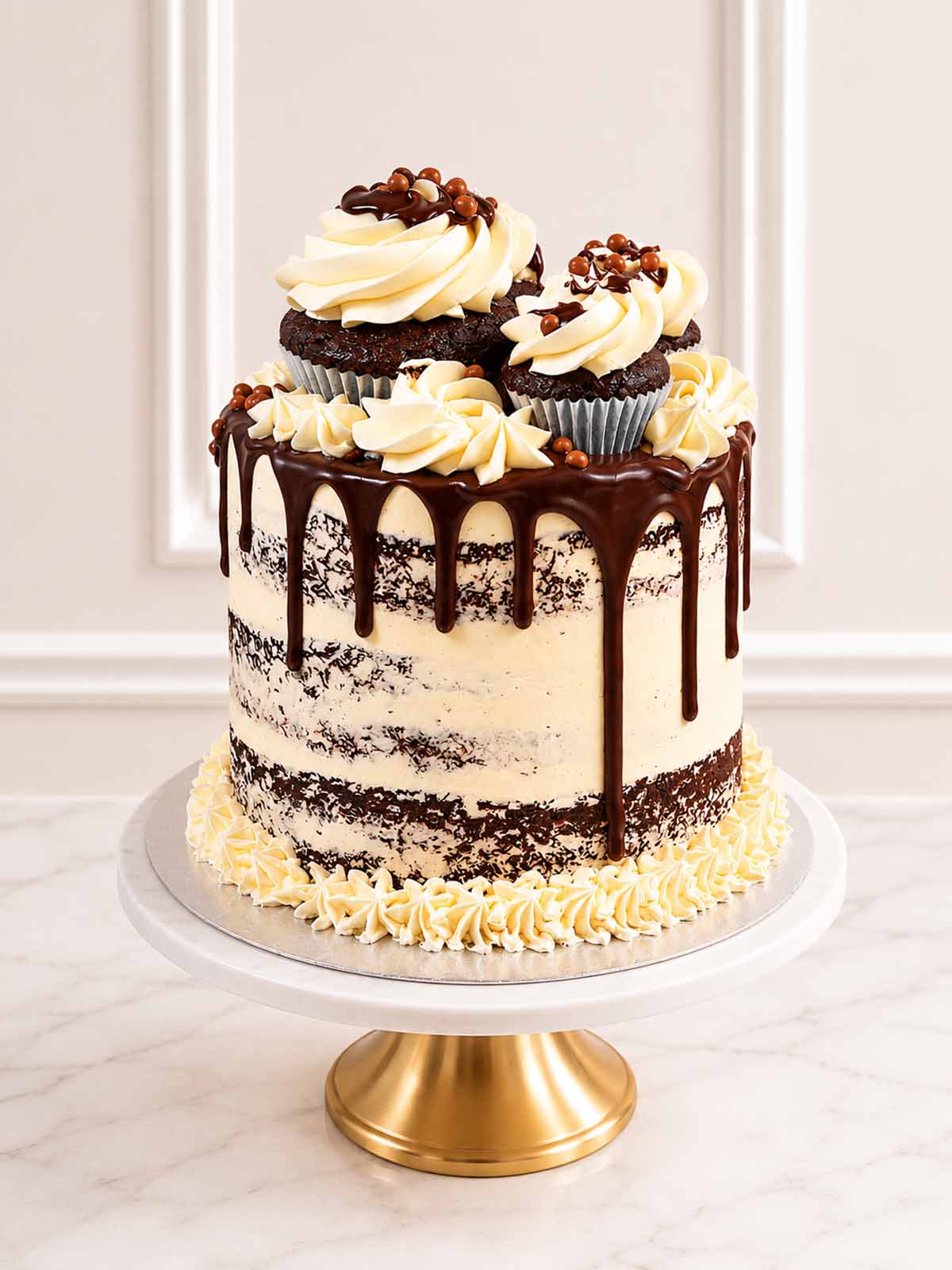 Chocolate Guinness cake with dark sponge and vanilla Swiss meringue buttercream