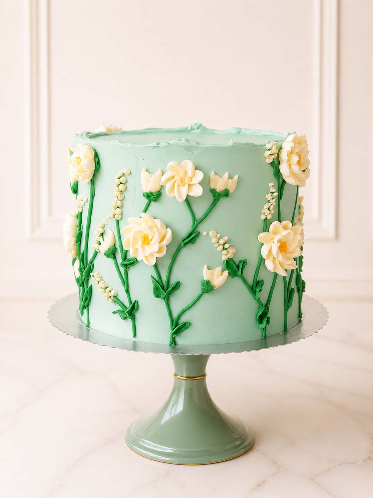 Elegant celebration cake featuring an intricate cascade of hand-piped Swiss meringue buttercream ivory flowers, buds, and foliage. Available for delivery in London.