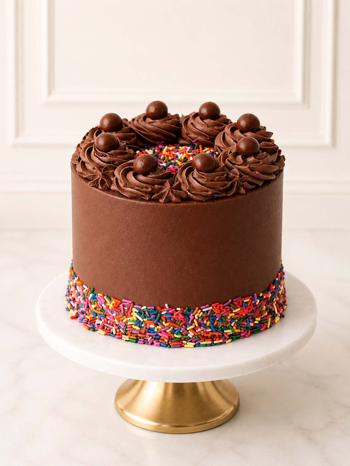 A vibrant hidden rainbow layer cake concealed beneath a smooth Belgian chocolate Swiss meringue buttercream exterior. Features five colourful vanilla sponge layers topped with piped swirls, sprinkles, and Maltesers. Delivered in London.