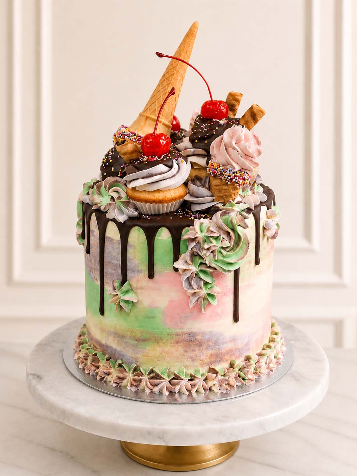 Ice cream parlour birthday cake with buttercream cones, cupcakes, sprinkles and chocolate drip.