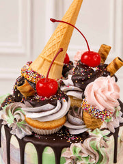 Cupcake and cone decorations on an ice cream parlour birthday cake.