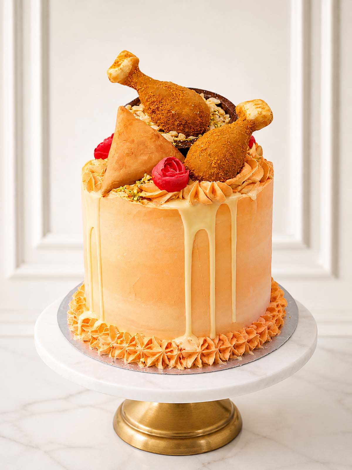 A vibrant Diwali celebration cake featuring orange and green buttercream, white chocolate raita drip, and edible cake-fudge samosas and chicken leg toppers. Perfect for Festival of Lights parties. Delivered in London.