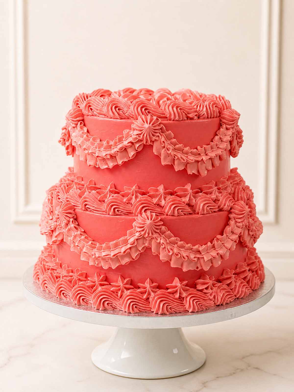 Customisable vintage wedding cake featuring intricate Swiss meringue buttercream piping and tiered sponge layers. Available for free delivery in London.