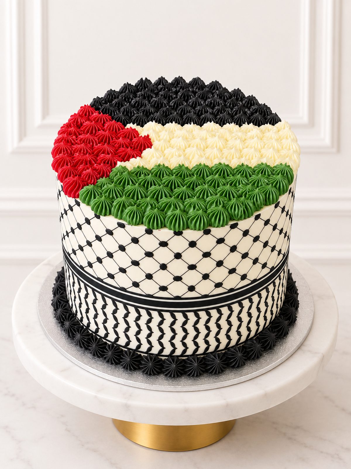 Elevated view of Keffiyeh Cake with piped buttercream and black-and-white pattern