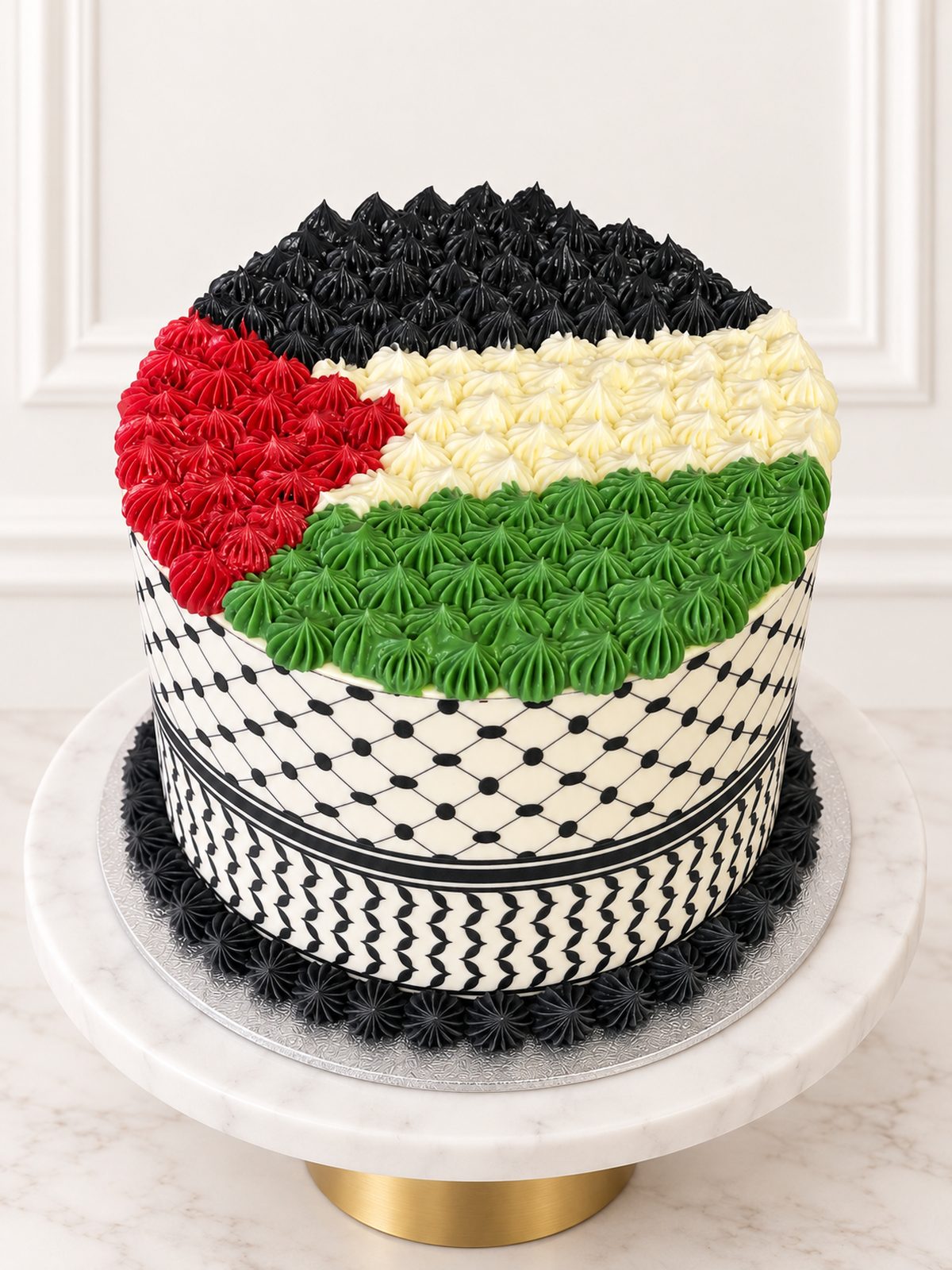 Keffiyeh Cake with red, green, black and white buttercream and keffiyeh pattern