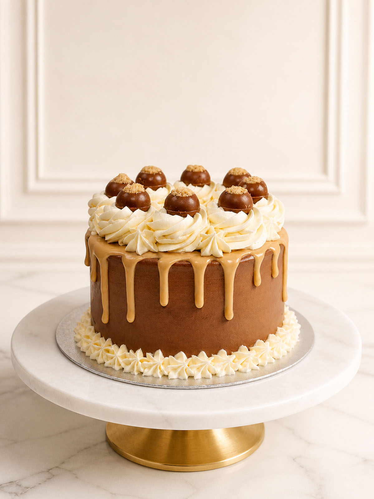 An indulgent, Kinder Bueno-inspired celebration cake featuring rich chocolate sponge, chocolate Swiss meringue buttercream, and a luscious white chocolate hazelnut crème drip. Loaded with hazelnut cream-filled milk chocolate truffles and crushed hazelnuts. Delivered in London and Surrey.
