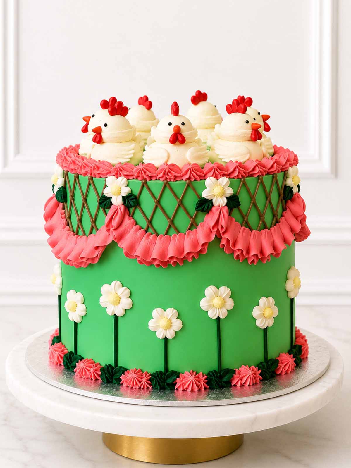 Kitsch Chicken Cake with green vanilla Swiss meringue buttercream, pink piped ruffles, blossoms and hand-piped chickens.
