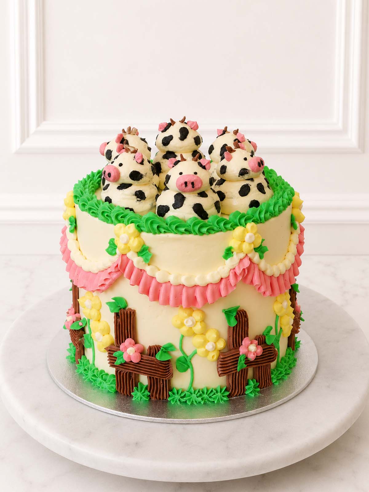 Kitsch Cow Cake with Belgian chocolate sponge, vanilla Swiss meringue buttercream, hand-piped ruffles, blossoms, fencing and buttercream cows.