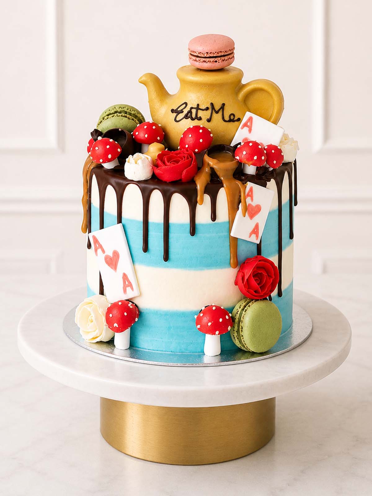 Luxury Alice in Wonderland Mad Hatter red velvet cake with teapot, London & Surrey.