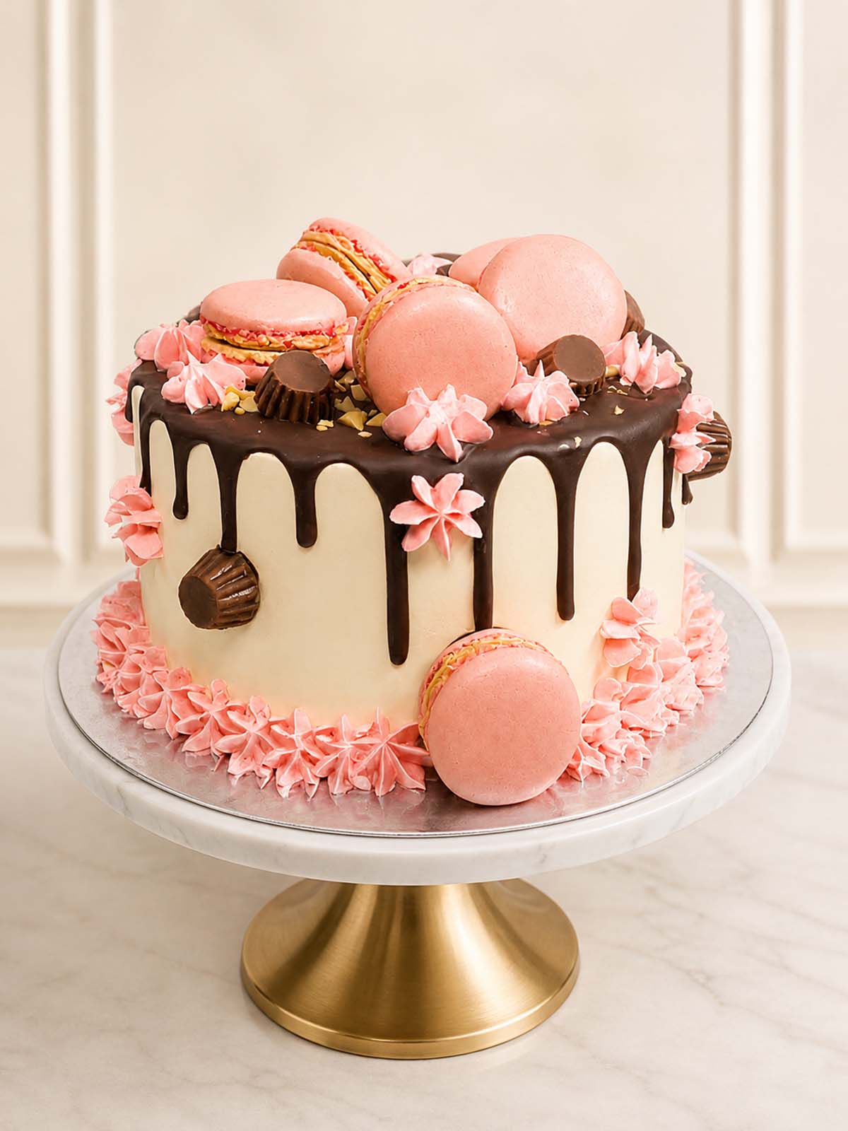 Luxury berry peanut butter cake with macarons and PB cups, London & Surrey.