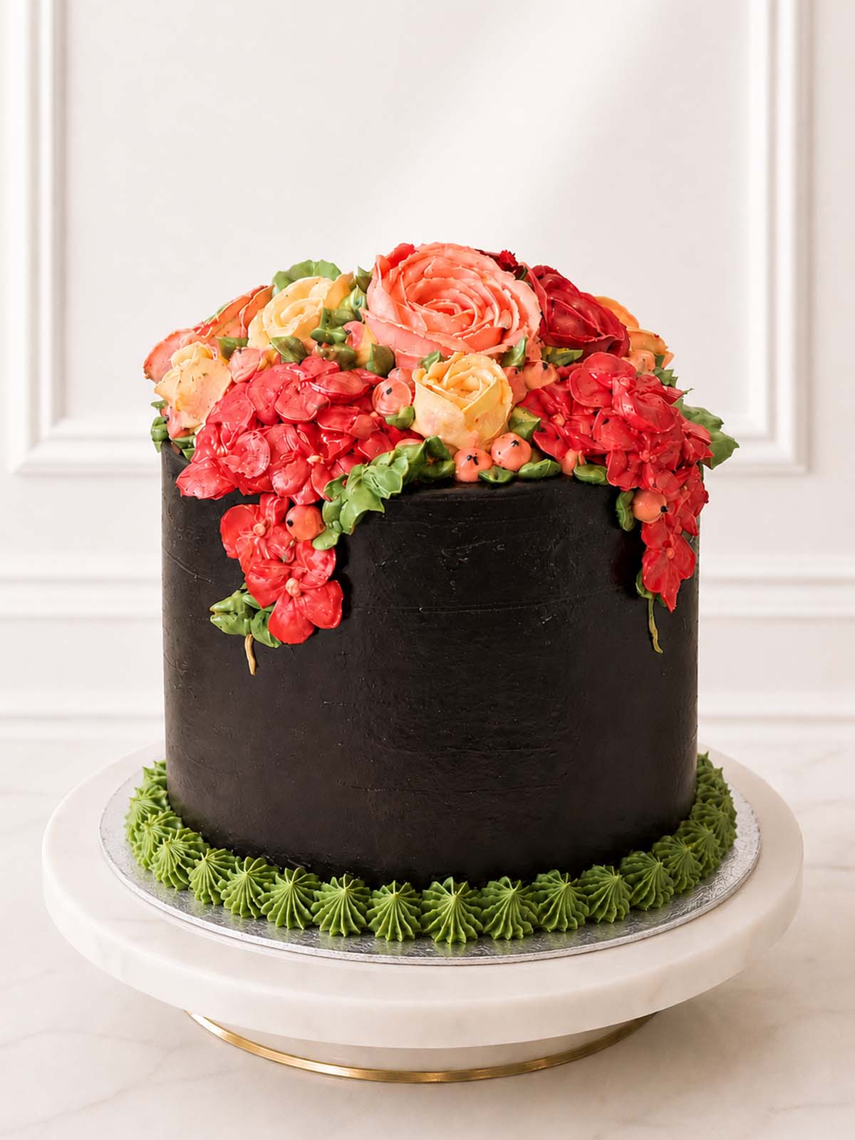 Luxury black hatbox vanilla cake with pink and peach flowers, London & Surrey.