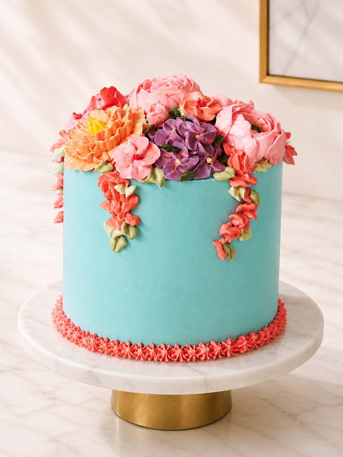 Luxury blue vanilla buttercream bloom cake with hand-piped peonies and roses, London & Surrey.