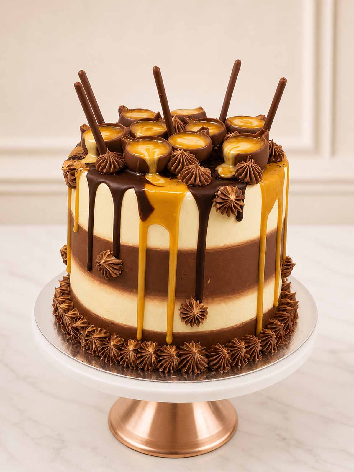 Luxury caramel chocolate toffee cake with latte cups, London & Surrey.