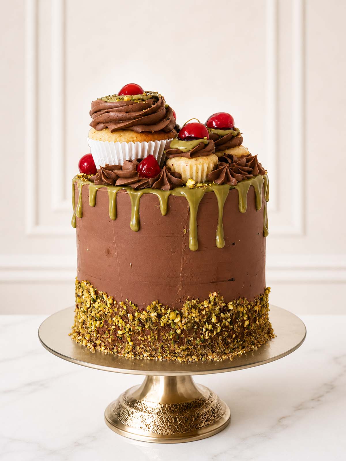 Luxury chocolate cherry pistachio cake with artisan cupcakes and cherries, London delivery.