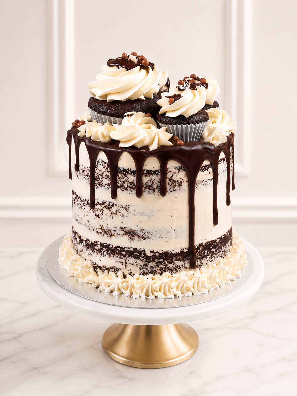 Luxury Chocolate Guinness birthday cake with miniature cupcakes and ganache drip