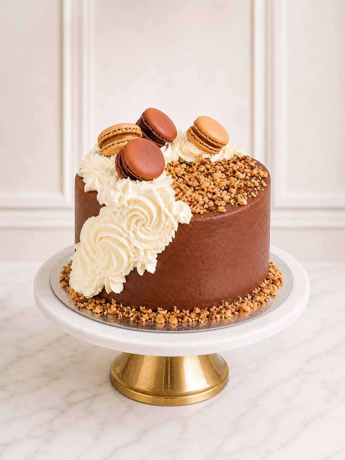 A sophisticated chocolate hazelnut celebration cake featuring Belgian cocoa sponge, silky chocolate Swiss meringue buttercream, and gourmet chocolate and caramel macarons, delivered in London.