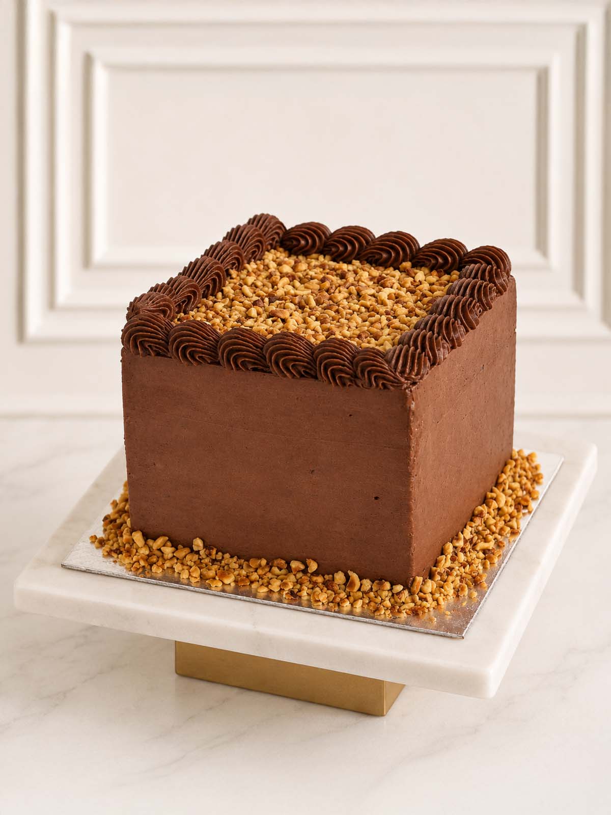 Luxury chocolate hazelnut praline geometric cube cake, London & Surrey.