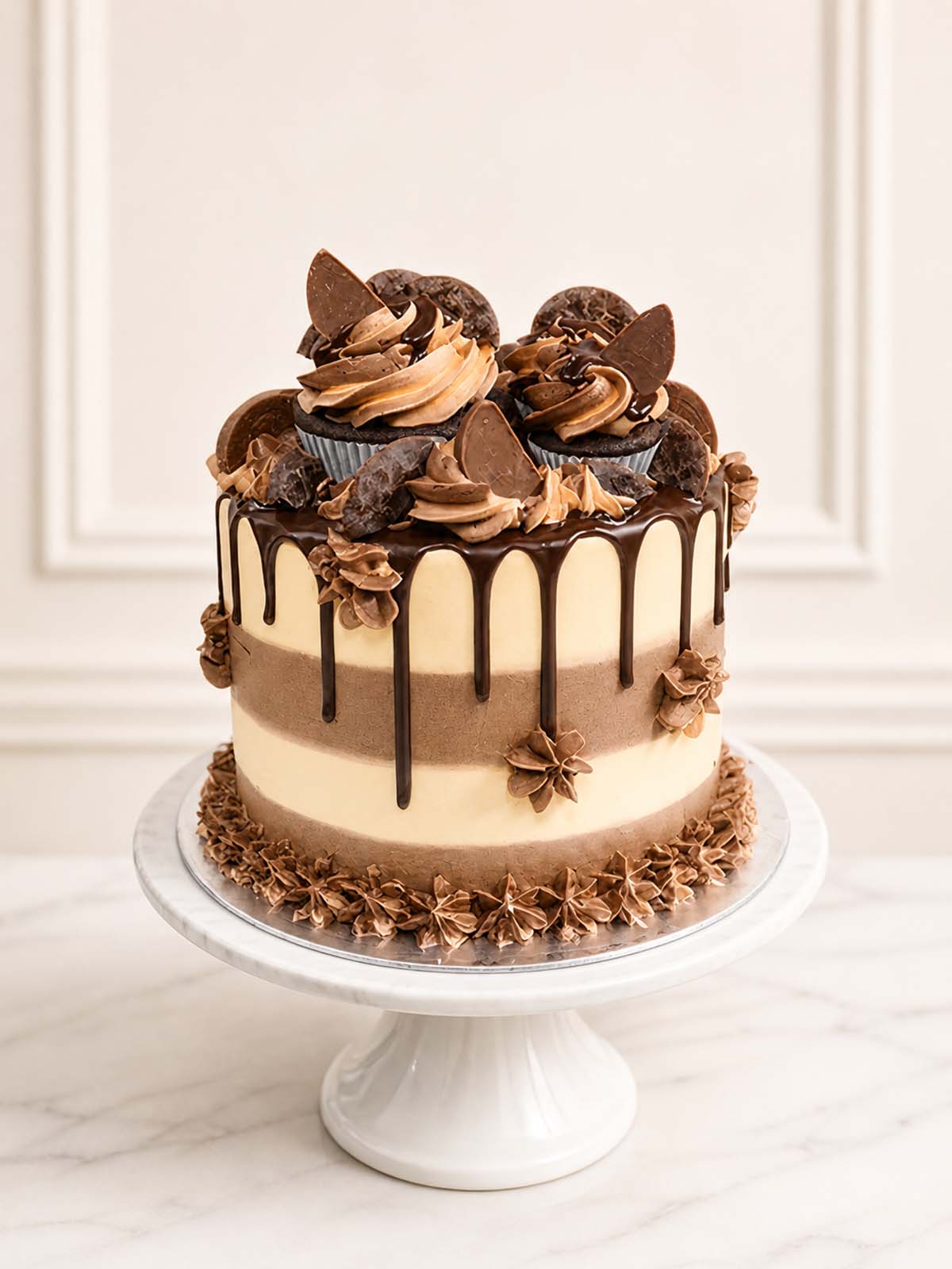 Luxury chocolate orange drip cake with Terry's segments and Jaffa Cakes, London.
