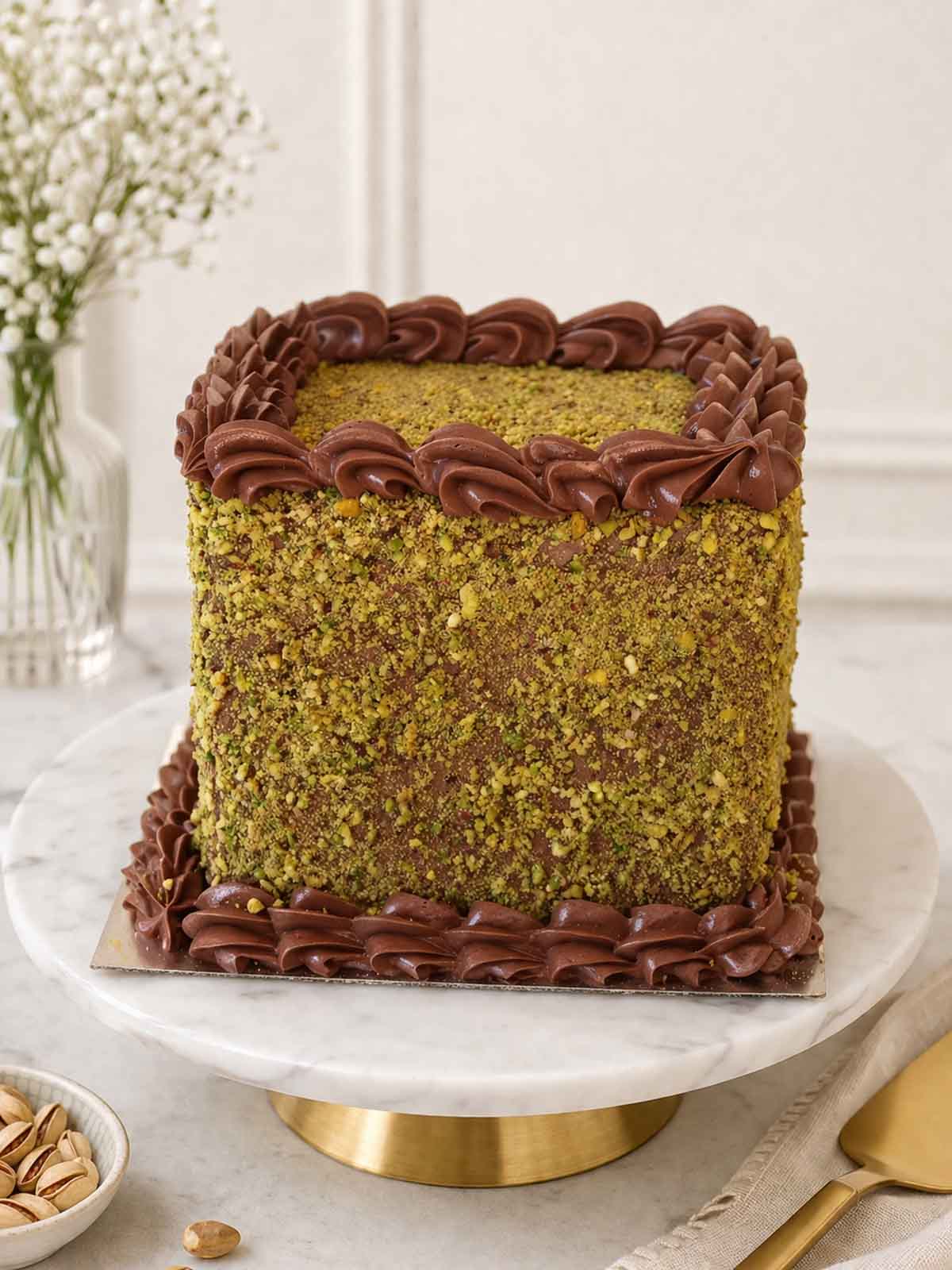 Luxury Valrhona chocolate and Sicilian pistachio cake, London & Surrey.