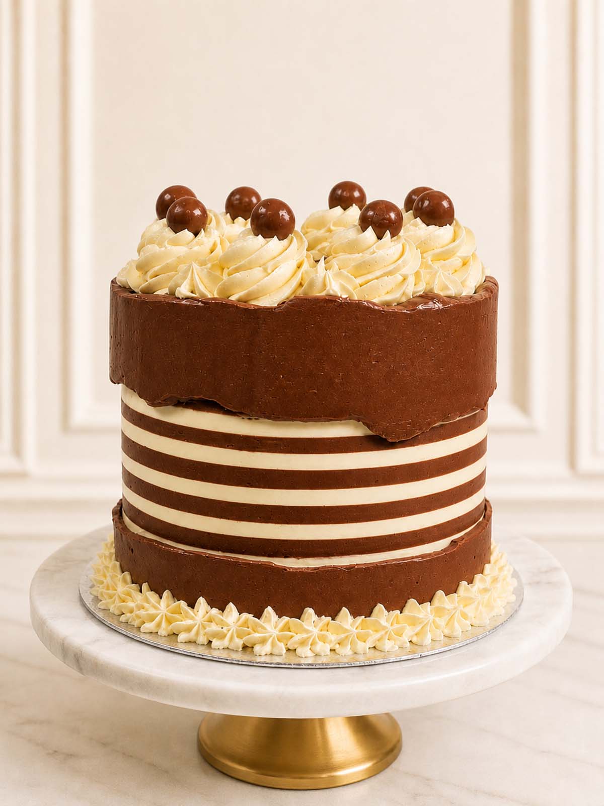 Luxury chocolate stripe fault line cake with Rolos, London & Surrey.