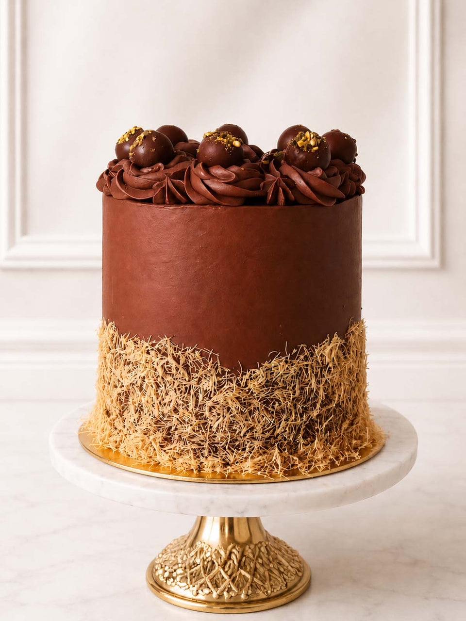 Luxury six-layer pistachio kunafa cake with Dubai chocolate, London & Surrey.