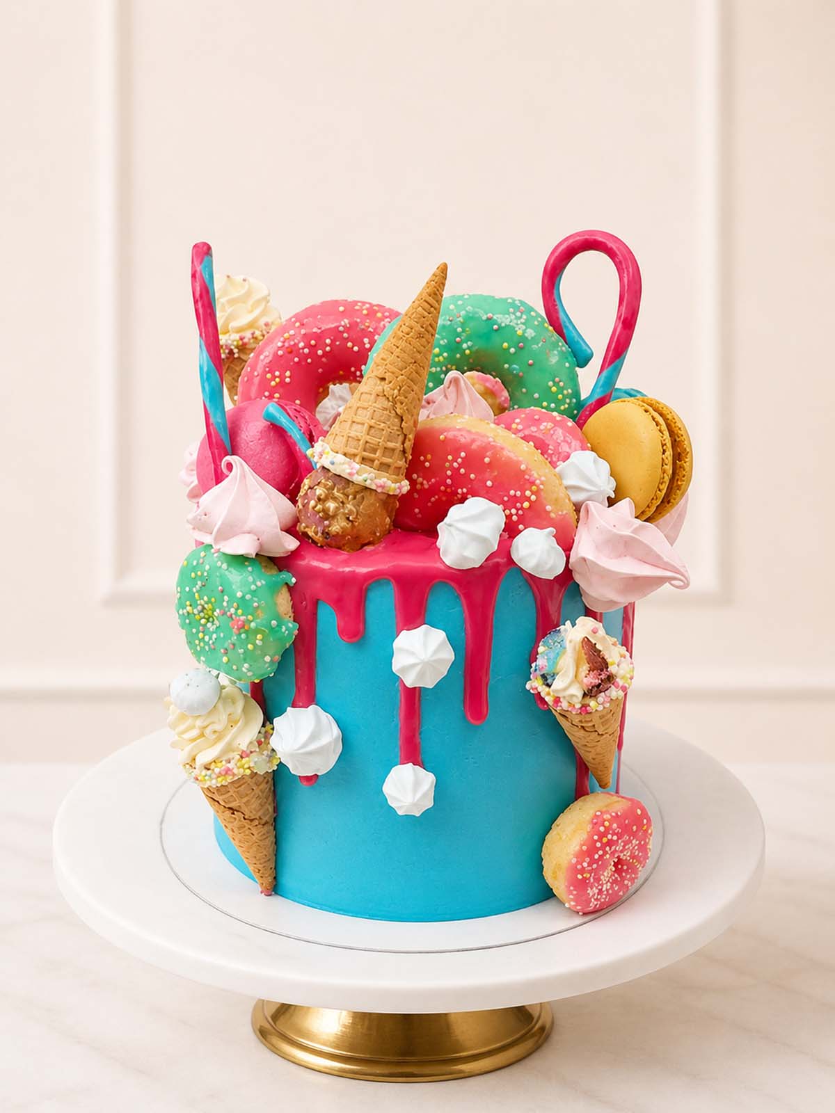 Luxury funfair vanilla cake with doughnuts and candy canes, London & Surrey.