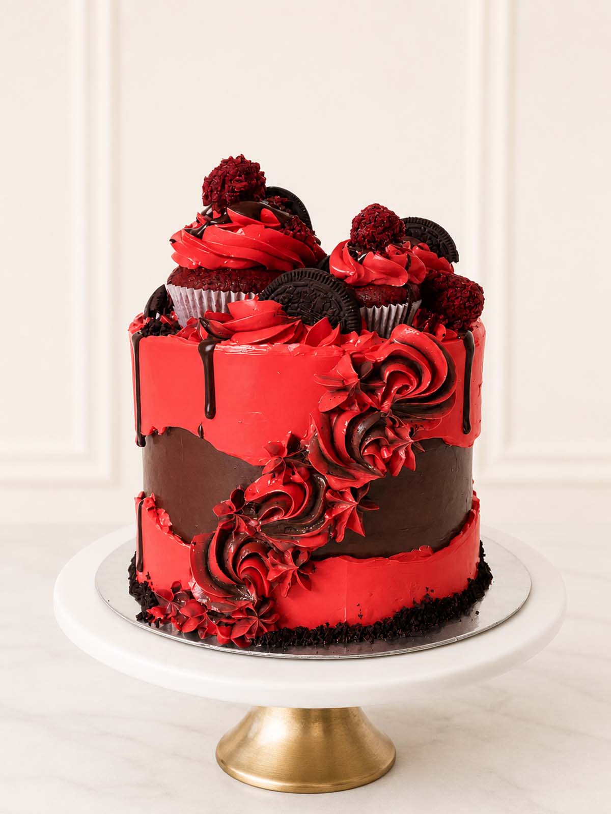 Luxury Halloween red velvet fault line cake with Oreos, London & Surrey.