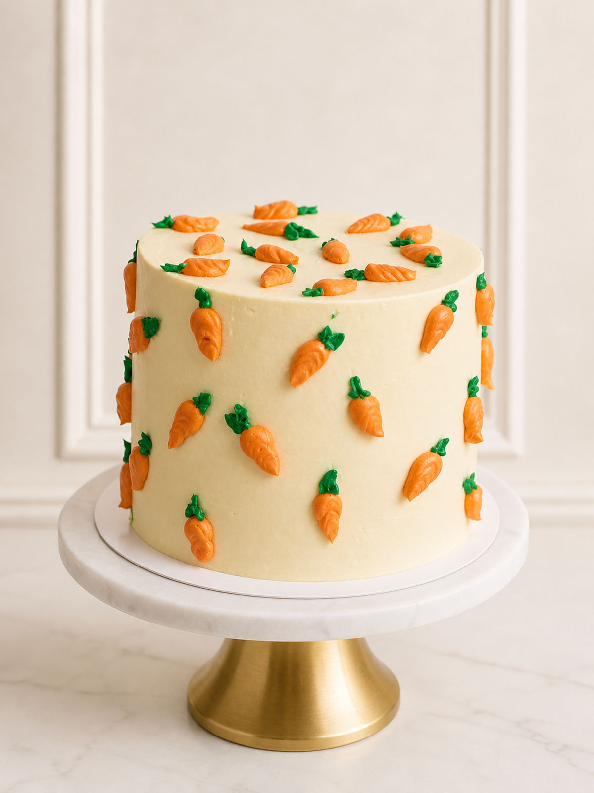 A luxury classic carrot celebration cake featuring three layers of moist spiced sponge, silky vanilla Swiss meringue buttercream, and charming hand-piped buttercream carrots. Handcrafted by a Michelin-trained chef and delivered across London and Surrey.