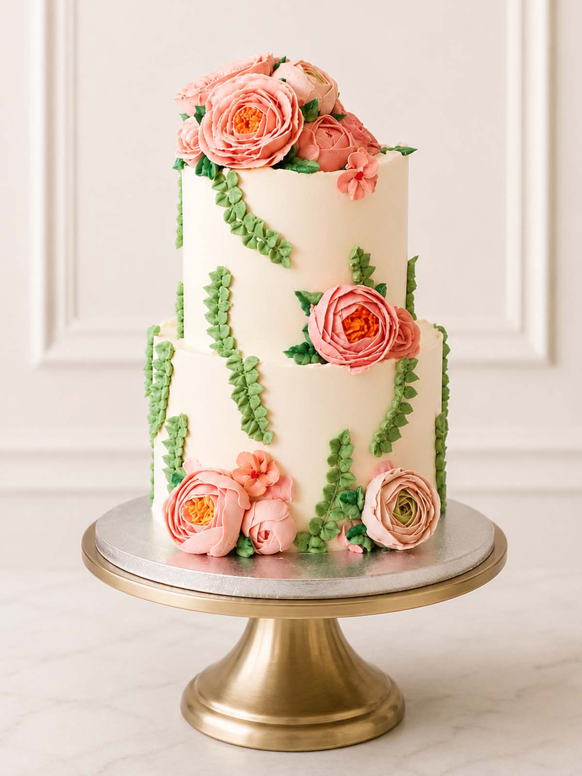 Luxury hand-piped buttercream peony and rose floral cake, London & Surrey.