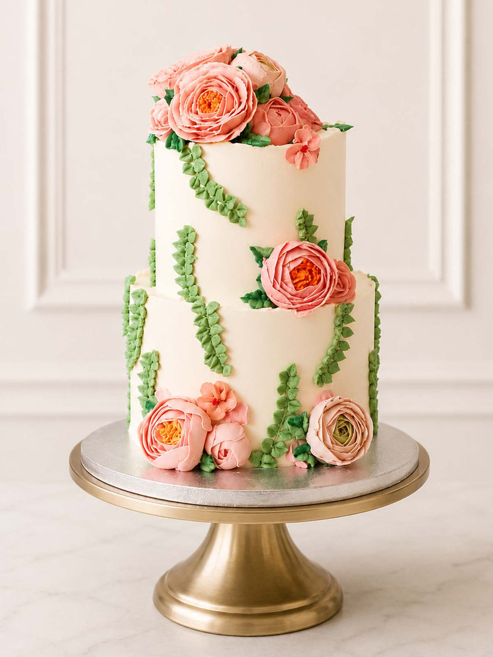 Luxury hand-piped buttercream peony and rose floral cake, London & Surrey.