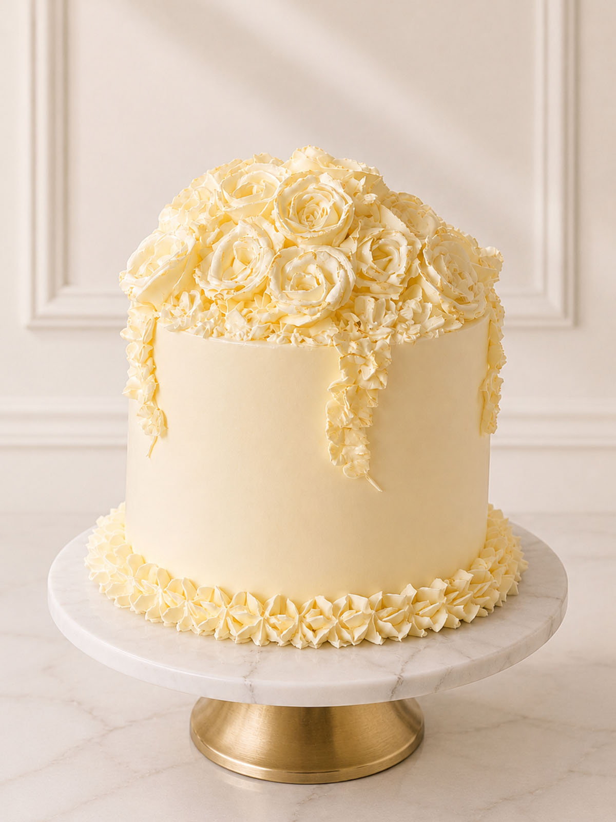 Luxury ivory and gold hand-piped rose celebration cake, London & Surrey.