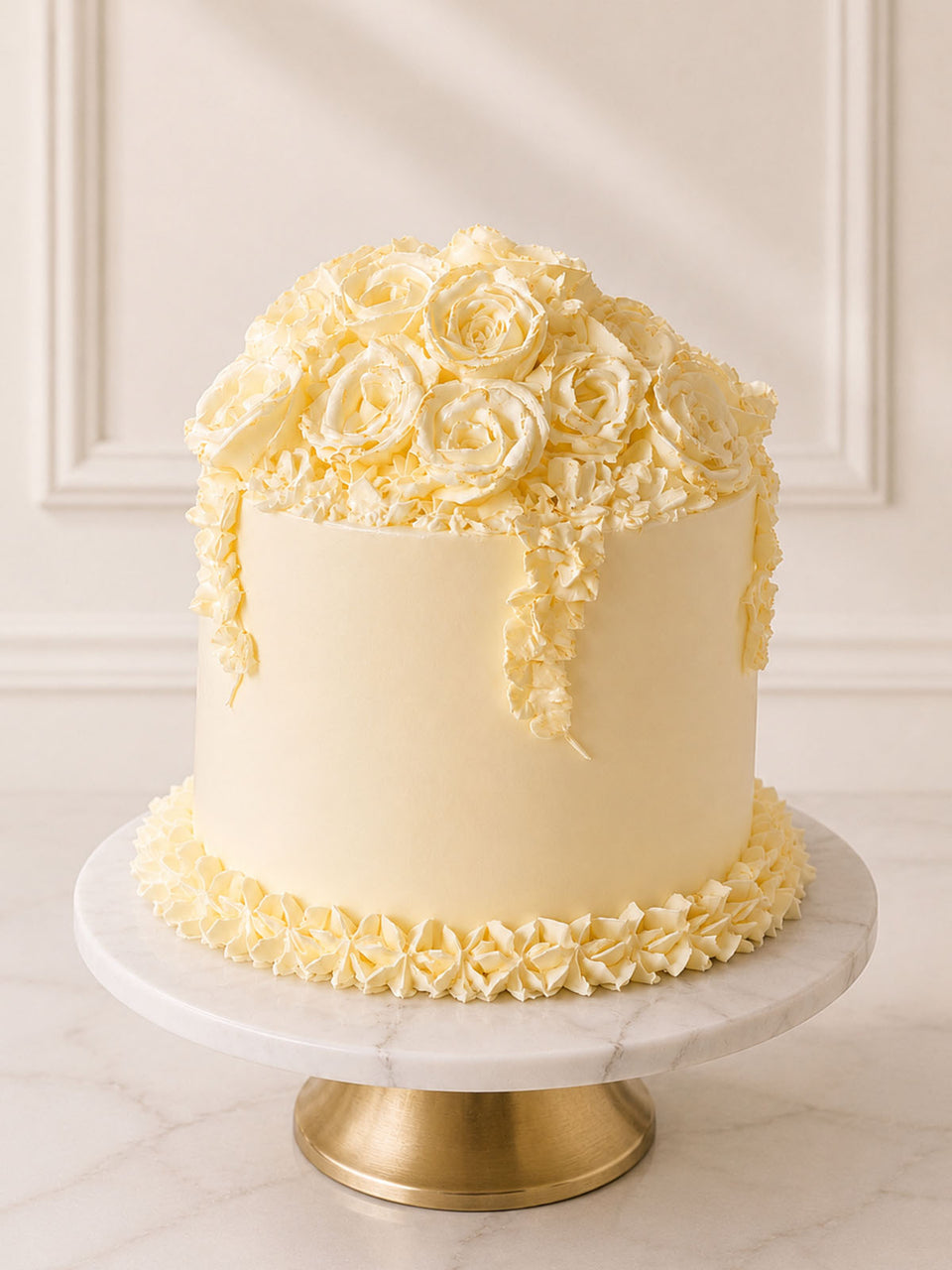 Luxury ivory and gold hand-piped rose celebration cake, London & Surrey.