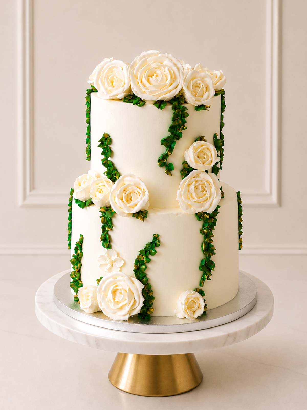 Luxury ivory hand-piped rose and gold wedding cake, London & Surrey.