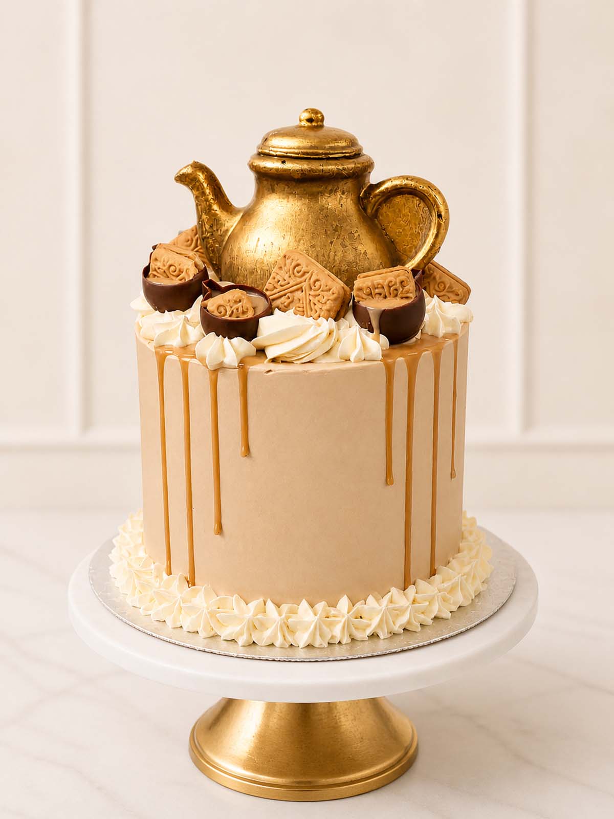 Luxury lemon Earl Grey teapot cake with biscuits, London & Surrey.
